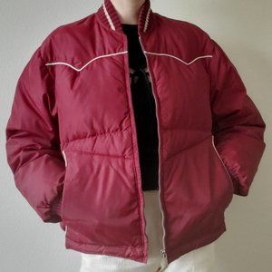70s Cranberry Red Puffer Jacket | Vintage Comfy Brand Quilted Puffer